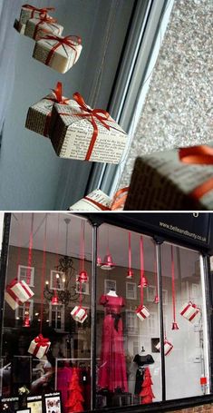 there are two pictures of the same storefront and one is decorated with red ribbon