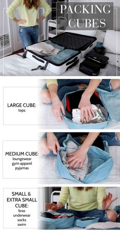 the instructions for packing and packing clothes in an open suitcase, with pictures showing how to put