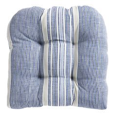 a blue and white striped pillow on a white background