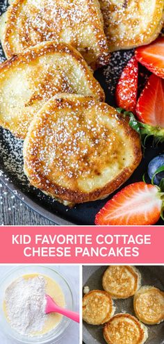 kid favorite cottage cheese pancakes with strawberries and powdered sugar on top, in a pan