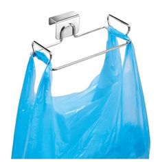 a blue plastic bag hanging from a metal hook on a clothes rack with two handles