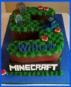 a birthday cake made to look like the letter s for a minecraft themed party