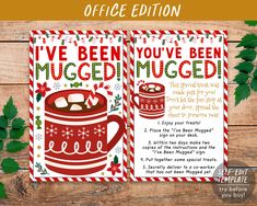 two christmas themed mugged cards with the text, i've been you've been