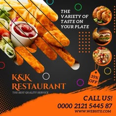 an advertisement for a fast food restaurant with images of different types of foods and the words k & k restaurant