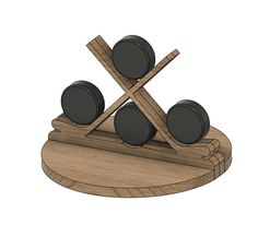 an object made out of wood with two balls in the middle and three sticks sticking out of it