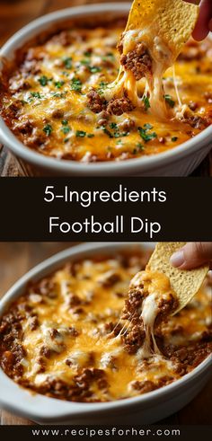 a hand dipping a tortilla chip into a bowl of chili cheese and ground beef dip