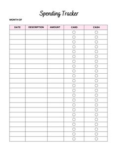 the printable spending tracker is shown in pink and black, with numbers on it