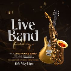 a poster for the live band friday night with an image of a saxophone and guitar