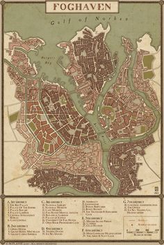 an old map of the city of foghavenn, with lots of buildings and streets