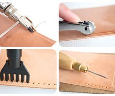 four different views of a leather case with tools in it and the same tool being used