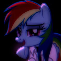 an animated pony with red, white and blue hair looking at the camera while standing in front of a black background