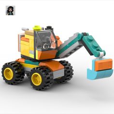 an orange and blue lego construction vehicle next to a white background with the image of a person's face on it