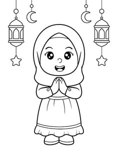 a muslim girl praying with lanterns hanging from the ceiling in the background and stars above her