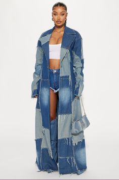 Available In Vintage Wash. Denim Trench Coat Patchwork Denim Raw Edge Oversized Coat Disclaimer: Due To The Distressing Process, Each Garment Is Unique. Shell: 100% Cotton Imported | Don't Talk Loud Denim Trench Coat in Vintage Wash size Medium by Fashion Nova Denim Jacket Personalized, Leather Denim Jacket, Long Denim Jacket Outfit Women, Unique Trench Coat, Denim Boots Outfit Ideas, Fall Trench Coat Outfits, Upcycled Denim Fashion, Denim Trench Coat Outfit