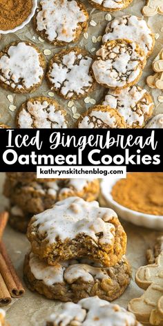 iced gingerbread oatmeal cookies with icing and cinnamon sprinkles