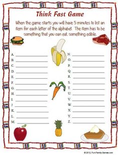 a printable game with fruits and vegetables on it