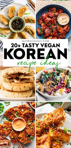 korean food collage with the words, 20 tasty vegan korean recipe ideas