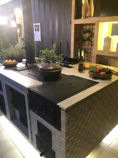 a kitchen with an oven, counter top and potted plants on the stovetop