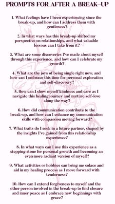 Journaling Personal journal Bullet journaling Creative journaling Digital Writing prompts Journaling tips  Journaling ideas Journaling inspiration Habits Gratitude SelfReflection Goals Mindfulness Inspiration Creativity Emotions SelfCare PersonalGrowth Happiness Achievements Challenges Motivation Health Productivity Relationships Travel Reflections LessonsLearned Dreams Quotes Wellbeing SelfDiscovery PositiveMindset GratitudePractice Affirmations MentalHealth SelfLove Positivity Shadow Work Breakup Reflection Questions, Breakup Shadow Work Prompts, Break Up Shadow Work, Journaling After A Breakup, Breakup Shadow Work, Break Up Shadow Work Prompts, Journaling Prompts After A Breakup, Journal Prompts Heartbreak, Journal Prompts For Getting Over Someone