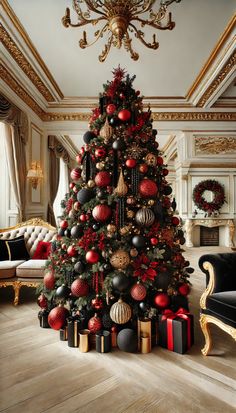 Discover a luxurious Christmas tree adorned with bold black and rich red ornaments, set in a stylish living room with gold accents. Crystal baubles and black velvet ribbons add a sophisticated touch, creating a high-end holiday ambiance. Perfect inspiration for adding a unique, modern twist to your festive decor. Dramatic Christmas Tree, Red Green Gold Black Christmas Tree, Red Black And Gold Christmas Decor, Red Gold And Black Christmas Tree, Red Gold Black Christmas Tree, Black Red And Gold Christmas Tree, Red Black Gold Christmas Tree, Black Velvet Christmas Decor, Red Black And Gold Christmas Tree