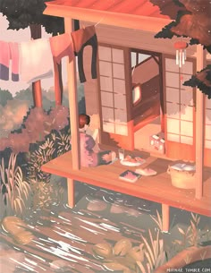 an illustration of a woman sitting on a bench in front of a tea house with clothes hanging out to dry