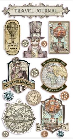 the travel journal stickers are shown in various shapes and sizes, including an old fashioned map