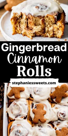 gingerbread cinnamon rolls with icing in a white dish and on a black background