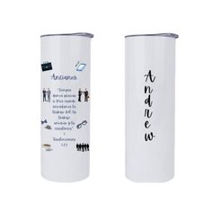 two white travel mugs with writing on them