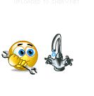 an emoticive smiley face next to a faucet with water running from it