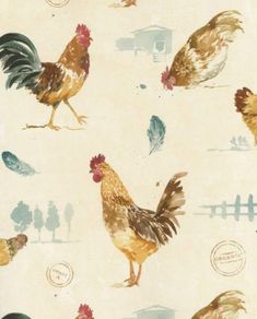 chickens and roosters on white fabric with farm scene in the backgroung