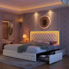 a bedroom with a bed, dressers and mirror in it's center area