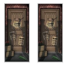 two doors with closed and closed signs on them, one is green the other is brown