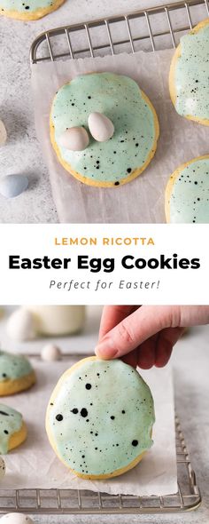 lemon ricotta easter egg cookies on a cooling rack with eggs in the middle and one being dunked