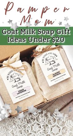 two goats soaps in a gift box with the words goat milk under $ 20