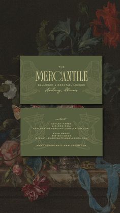 the mercantile business card is shown on top of a painting with flowers