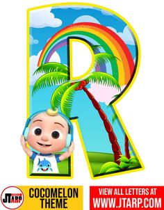 the letter r is for cocomelon and has a cartoon character holding a palm tree