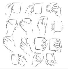 hand drawn coffee mugs with different shapes and hands holding them, all in black and white