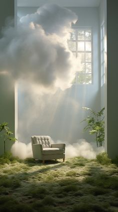 a chair sitting in the middle of a room next to a window with clouds coming out of it