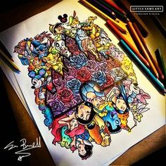 a drawing with many cartoon characters on it and some colored pencils next to it