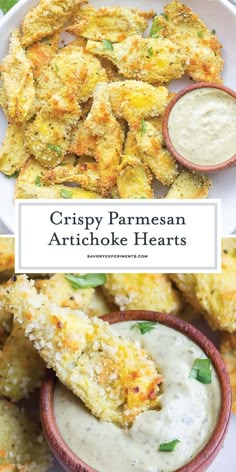 crispy parmesan artichoke hearts with ranch dip in the middle on a white plate