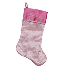 a pink christmas stocking with the word princess on it