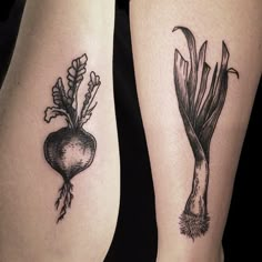 two black and white tattoos on legs with carrots, radishes and leaves