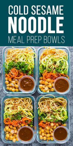 four meal prep bowls filled with cold sesame noodle salads and garnishes