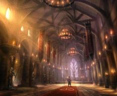 a person standing in an empty cathedral with chandeliers hanging from it's ceiling