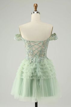 Amzcw Sparkly Light Green A Line Off The Shoulder Corset Tulle Homecoming Dress with Sequins Sage Green Cocktail Dress, Sweet 16 Dresses Short, Hoco Ideas, Homecoming Dresses Sparkly, Lovely Partner, Green Cocktail Dress, Tulle Homecoming Dress, Dress With Sequins, Dress Idea