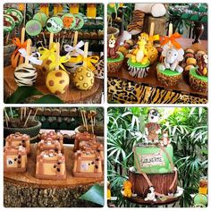 a collage of pictures showing different types of cakes and cupcakes with animals on them