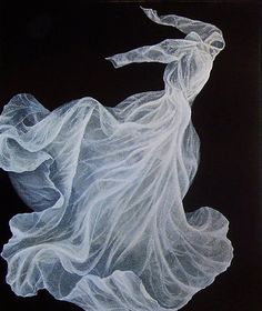 a painting of a woman wearing a white dress with flowing fabric on it's back