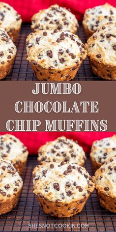 chocolate chip muffins on a cooling rack with the words jumbo chocolate chip muffins