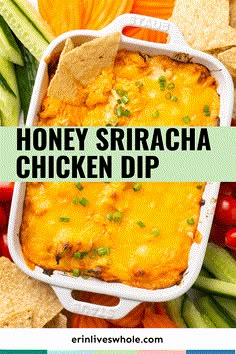 the recipe for honey sriraca chicken dip in a white casserole dish