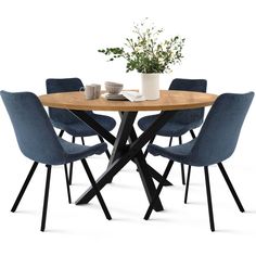 a wooden table with blue chairs and a potted plant on top of the table